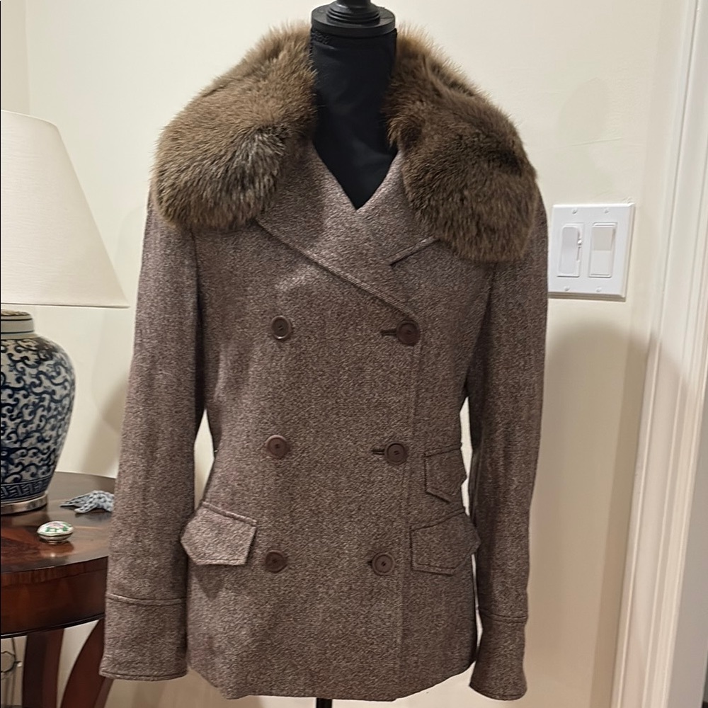 Magaschoni Taupe Double-Breasted Pea Coat with Removable Fur Collar